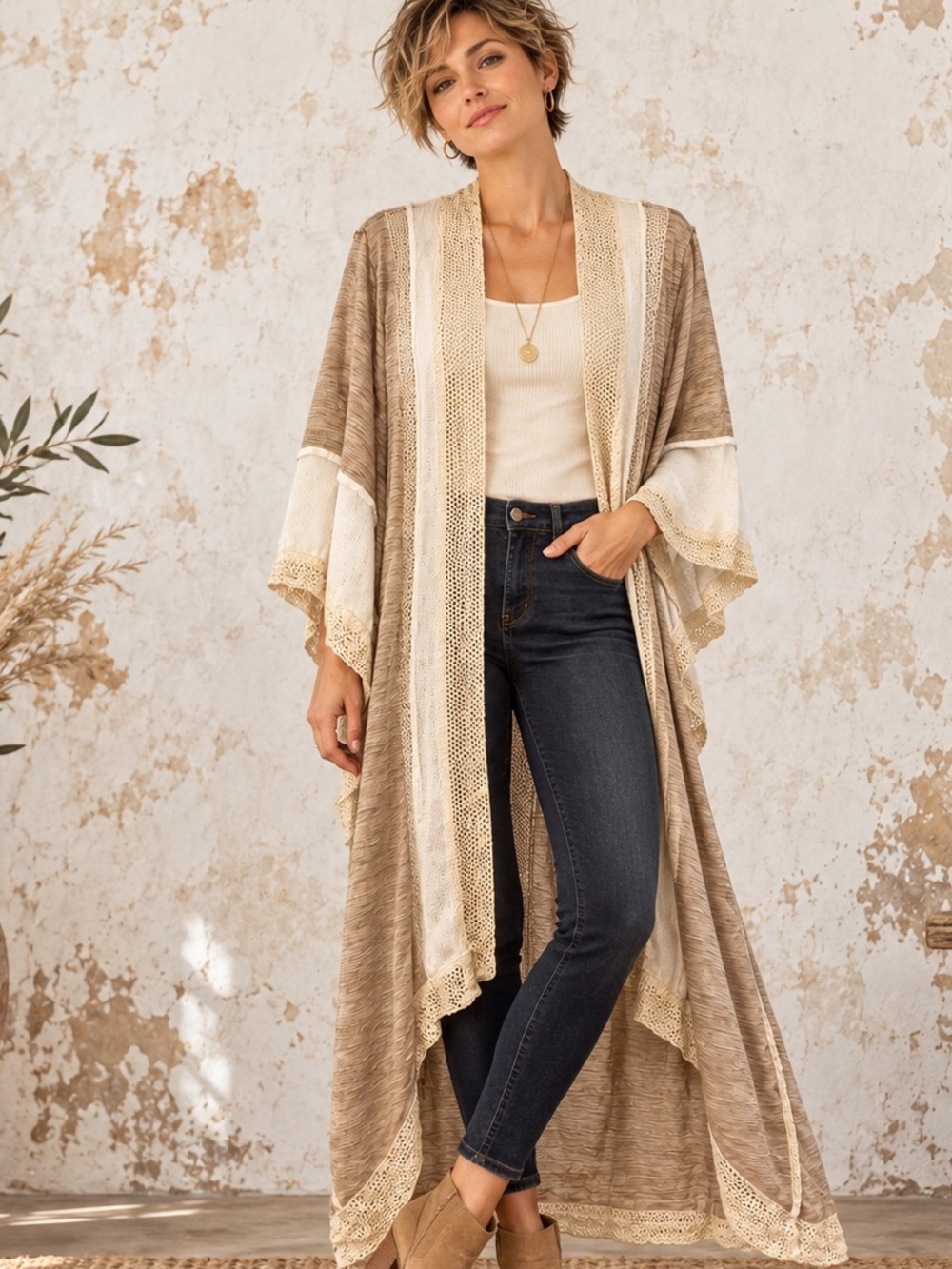 POL Lace Trim Maxi Duster Cardigan - Lagenlook - Great Condition